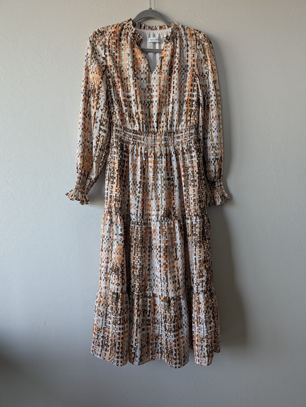 Pretty Garden Abstract Mosaic Cream Brown Orange Dress Elastic Waist Size Small